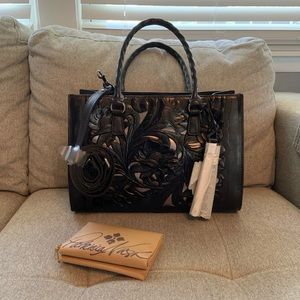 BNWT- Patricia Nash Leather Primrose Vintage Veg Tan Cut Out Tooling-Smoke